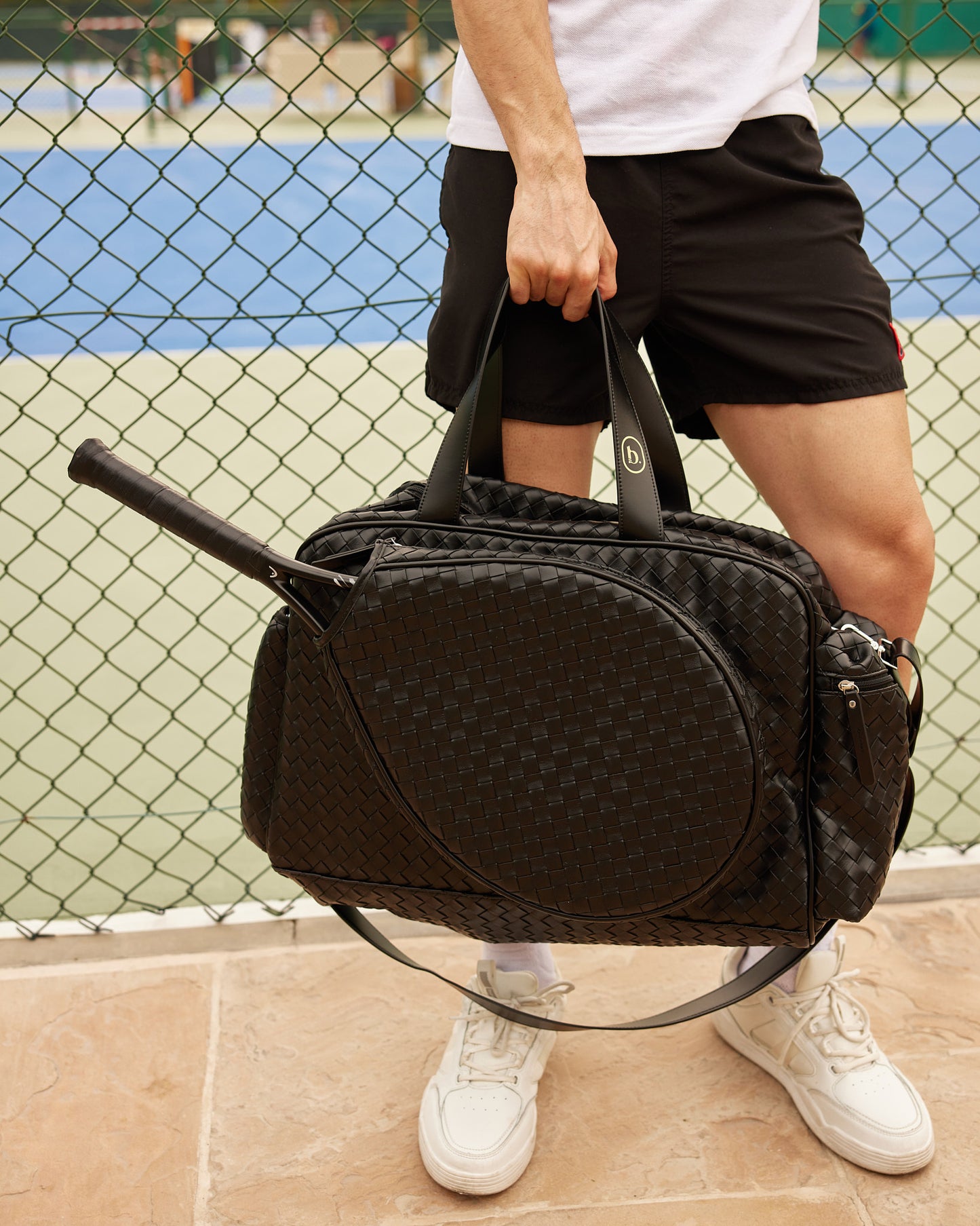 Large Duffel Racket Bag Woven Leather Black